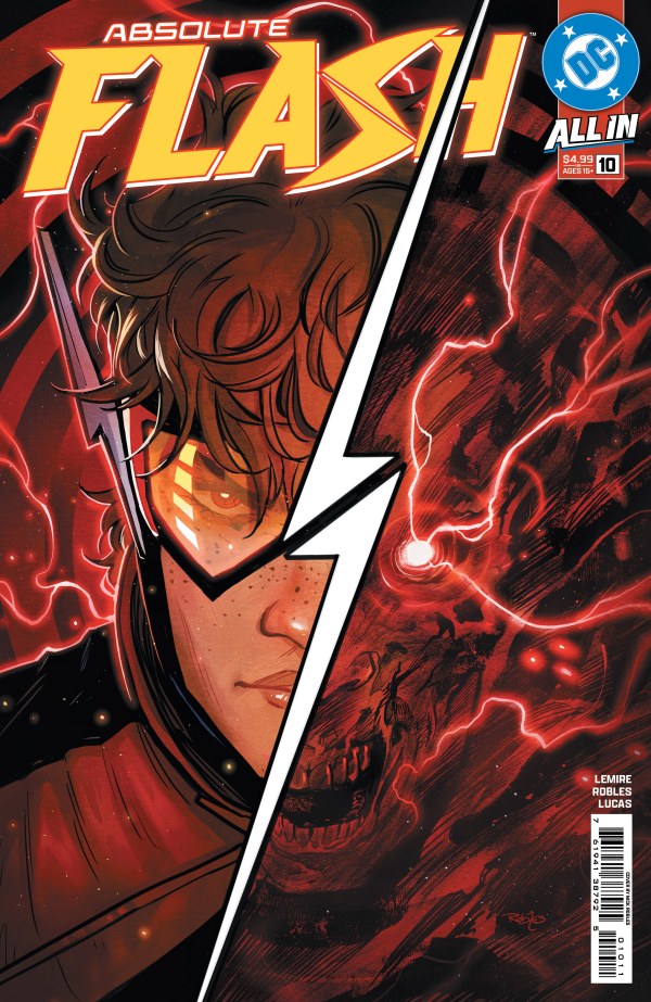 DC COMICS ABSOLUTE FLASH #10
Comic book cover featuring a character with a lightning bolt symbol and red and black color scheme.