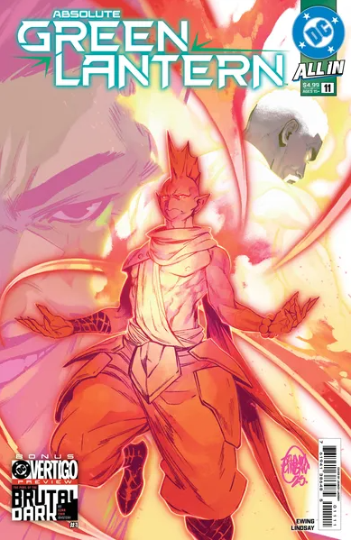 DC COMICS ABSOLUTE GREEN LANTERN #11
Comic book cover of Absolute Green Lantern featuring a character in orange and red attire with a glowing effect.