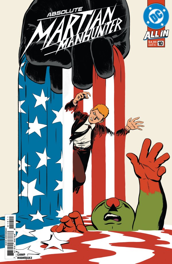 DC COMICS ABSOLUTE MARTIAN MANHUNTER #10
Comic book cover featuring 'Absolute Martian Manhunter' with a superhero and villain in front of an American flag.