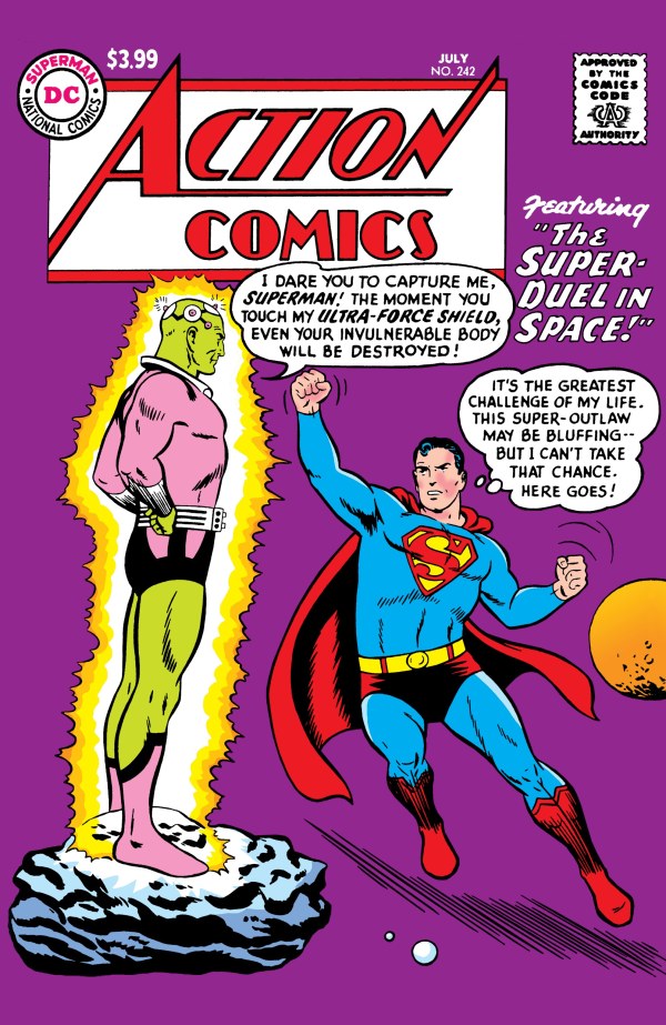 DC COMICS ACTION COMICS #242 FACSIMILE EDITION 2026
Comic book cover featuring Superman and a green alien on a purple background