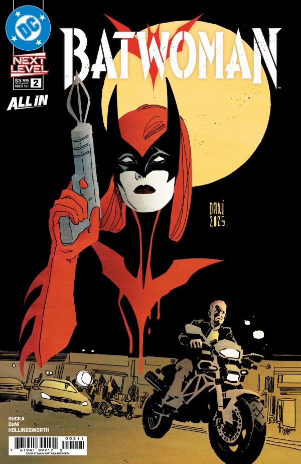 DC COMICS BATWOMAN #2
Comic book cover featuring Batwoman holding a weapon with a motorcycle and cityscape in the background.