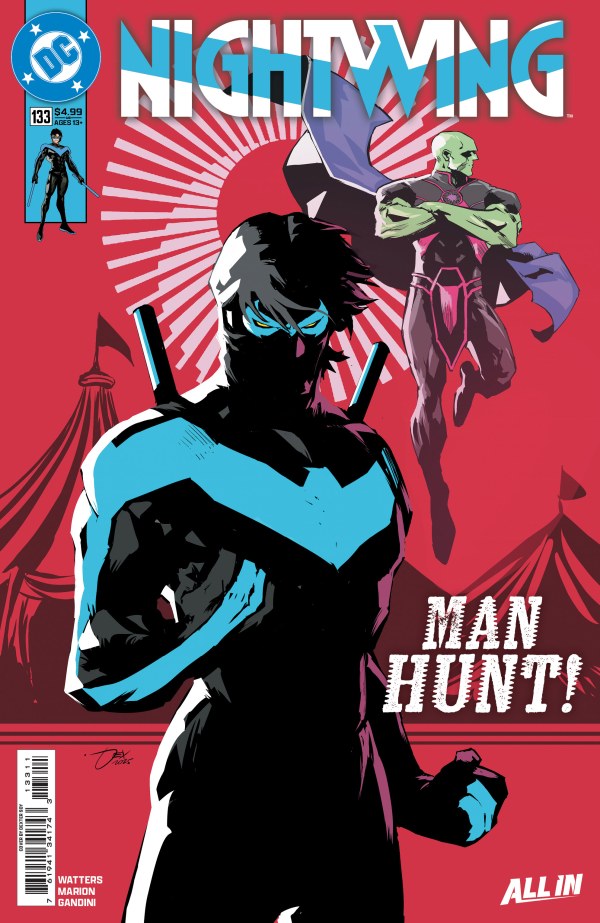 DC COMICS NIGHTWING #133
Comic book cover featuring Nightwing with a red background and text 'Man Hunt!'.