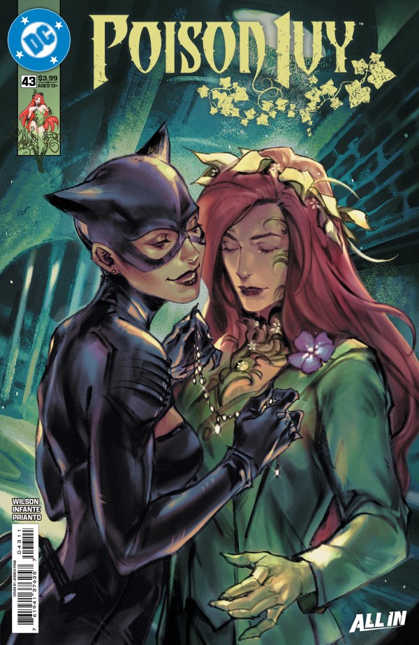 DC COMICS POISON IVY #43
Comic book cover featuring two characters, one with a mask and the other with red hair and green dress, against a green background.