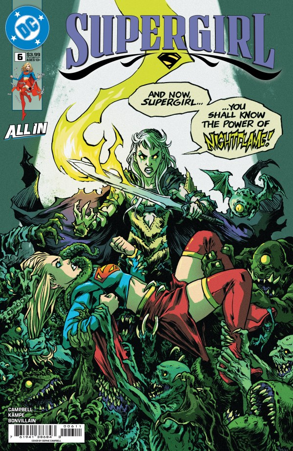 DC COMICS SUPERGIRL #6
Comic book cover featuring Supergirl and Nightwing with a green alien creature.