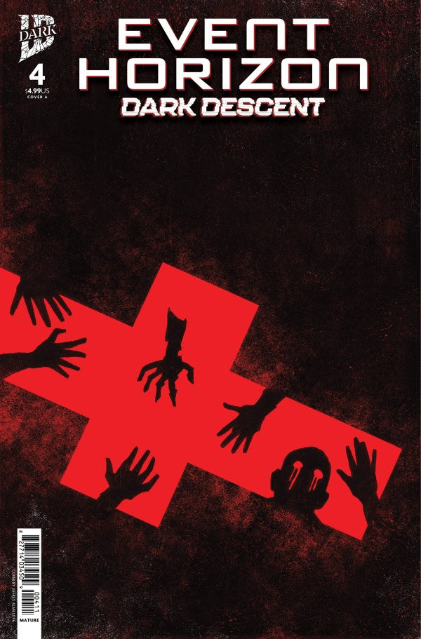 IDW COMICS EVENT HORIZON: DARK DESCENT #4
Comic book cover of 'Event Horizon: Dark Descent' with red cross and silhouettes on a dark background.