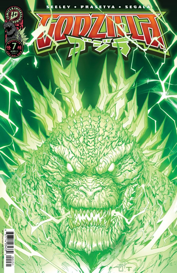 IDW COMICS GODZILLA #7
Comic book cover featuring a green monster with a fierce expression on a green background