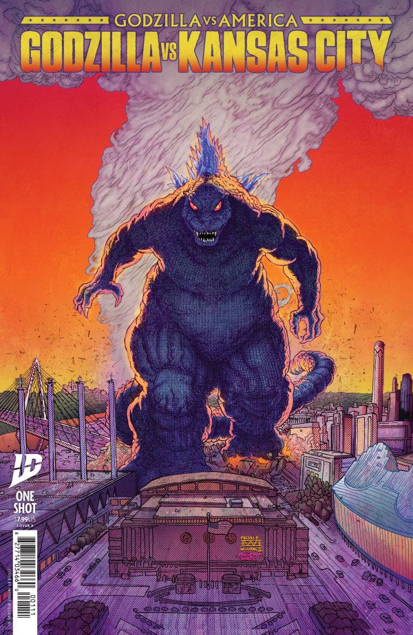 IDW COMICS GODZILLA VS. AMERICA: KANSAS CITY #1
Comic book cover featuring Godzilla vs. Kansas City with a fiery background
