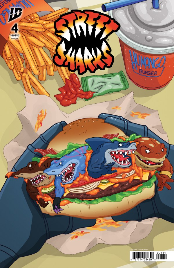 IDW COMICS STREET SHARKS #4
Comic book cover with a burger featuring shark characters, fries, and a drink.