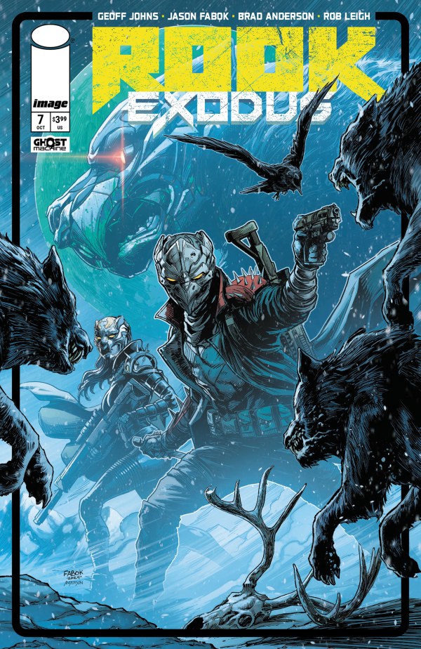 IMAGE COMICS ROOK EXODUS #7
Comic book cover featuring a warrior surrounded by wolves with a blue and black color scheme.