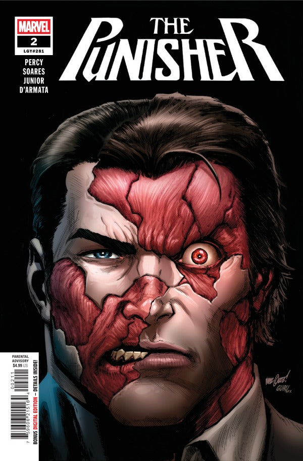 MAREVL COMICS PUNISHER #2
Comic book cover of 'The Punisher' with a stylized face design on a dark background