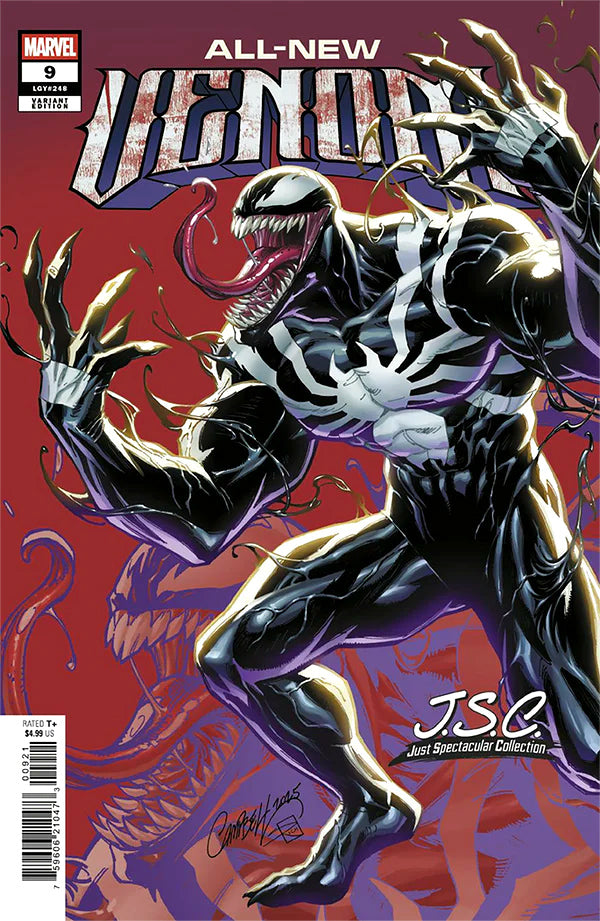 MARVEL COMICS ALL-NEW VENOM #9
Comic book cover featuring a superhero in a black and white suit with red accents on a red background.