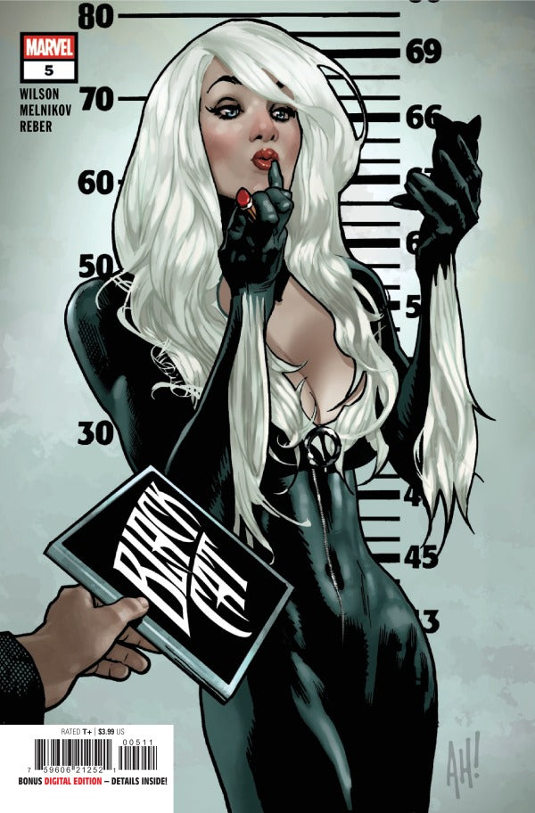 MARVEL COMICS BLACK CAT #5
Comic book cover featuring a character with white hair and black gloves holding a sign with 'Black Widow' on it, against a background with measurement markings.