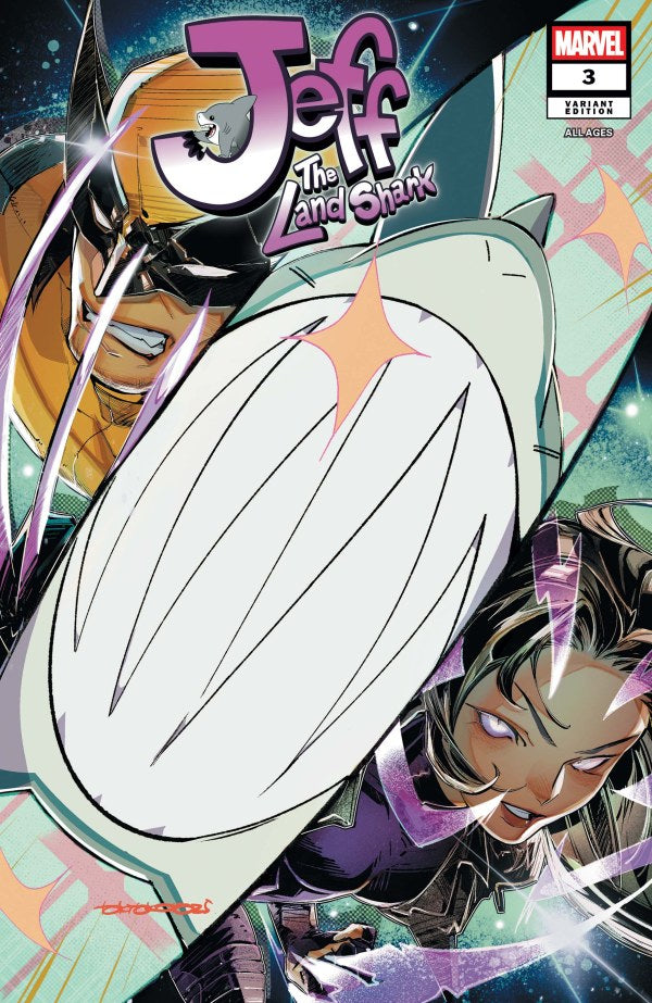 MARVEL COMICS JEFF THE LAND SHARK #3 COVER B
Comic book cover featuring 'Jeff the Land Shark' with a stylized title and superhero-like character.