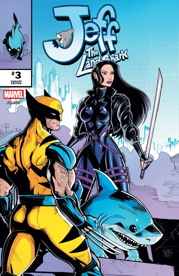 MARVEL COMICS JEFF THE LAND SHARK #3 COVER C
Comic book cover featuring a superhero and a woman with a sword, titled 'Jeff the Landshark'.