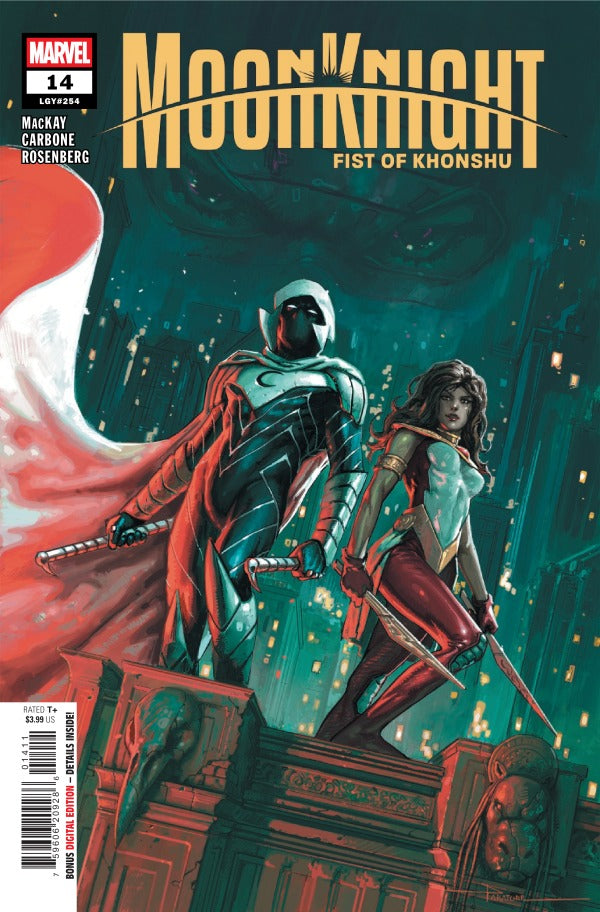 MARVEL COMICS MOON KNIGHT: FIST OF KONSHU #14
Comic book cover featuring two characters on a pedestal with a cityscape background, titled 'Moon Knight: Fist of Khonshu'.