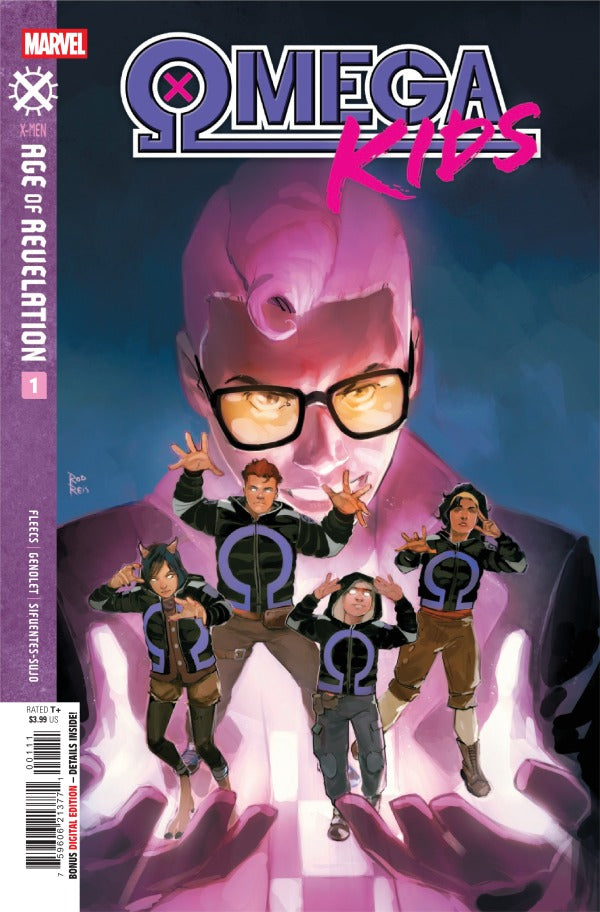 MARVEL COMICS OMEGA KIDS #1
Comic book cover featuring a superhero and four children with a large pink-skinned character in the background.