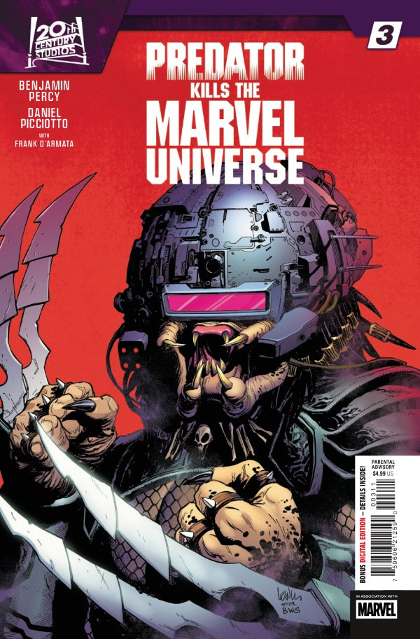 MARVEL COMICS PREDATOR KILLS THE MARVEL UNIVERSE #3
Comic book cover featuring a Predator character with a red background and Marvel logo.