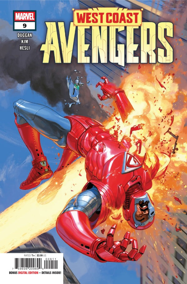 MARVEL COMICS WEST COAST AVENGERS #9
Comic book cover of 'West Coast Avengers' with a superhero in red and blue amidst an explosion.