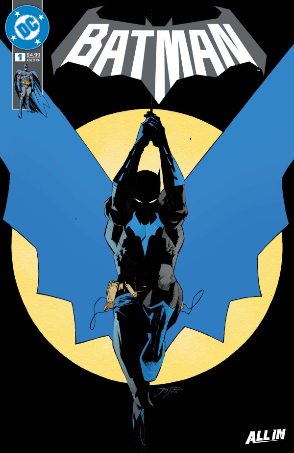 BATMAN #1 - 2ND PRINTING 
Comic book cover featuring Batman in a dynamic pose with a large 'V' on a yellow background.