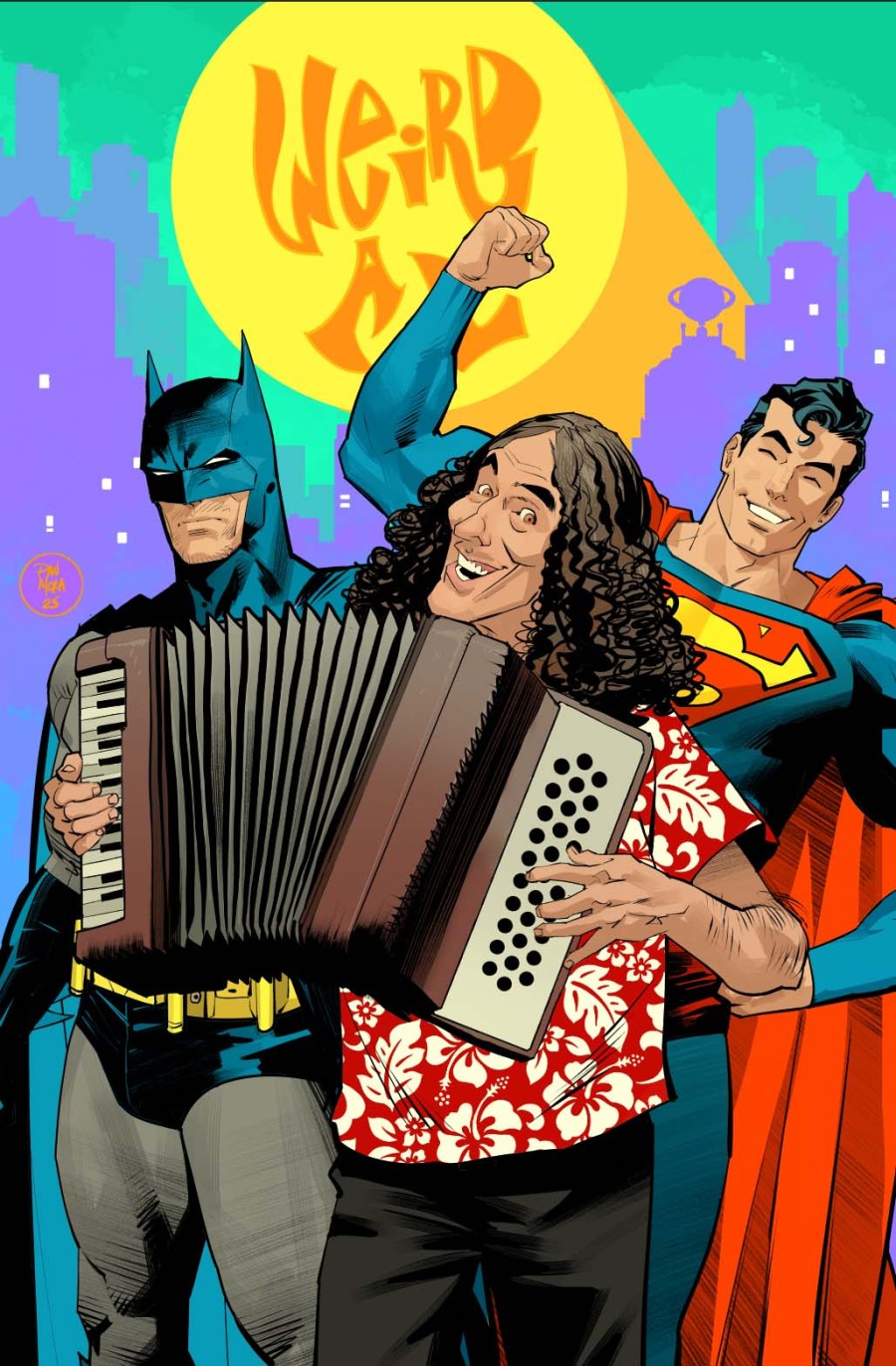 BATMAN / SUPERMAN: WORLD'S FINEST #50 - COVER G DAN MORA WEIRD AL YANKOVIC CAMEO VARIANT
Weird Al playing an accordion with Batman and Superman in the background, featuring the words 'Weird Al'.