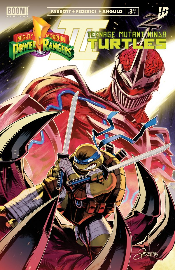 BOOM COMICS MIGHTY MORPHIN POWER RANGERS TEENAGE MUTANT NINJA TURTLES III 3 
Comic book cover featuring Power Rangers and Teenage Mutant Ninja Turtles with a red character and yellow character in the foreground.
