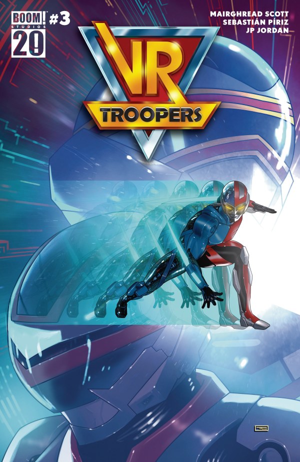 BOOM COMICS VR TROOPERS #3
Comic book cover of 'VR Troopers' with a futuristic helmet and character.