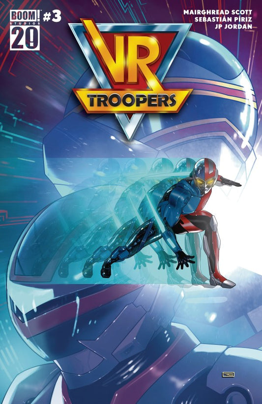 BOOM COMICS VR TROOPERS #3
Comic book cover of 'VR Troopers' with a futuristic helmet and character.