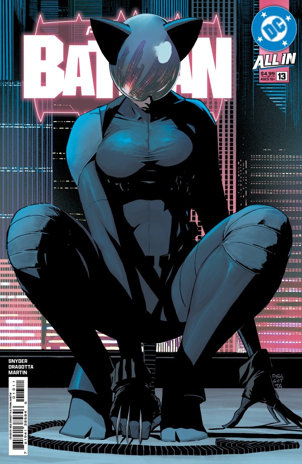 DC COMICS ABSOLUTE BATMAN #13
Comic book cover featuring a character in a black suit with cat-like features, sitting on a cityscape background.