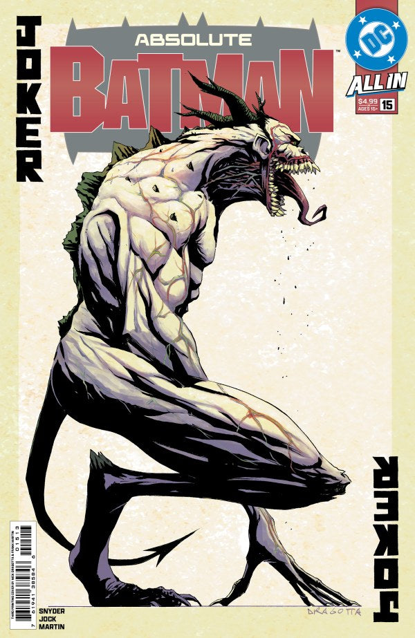 DC COMICS ABSOLUTE BATMAN #15 - 3RD PRINTING 
Comic book cover featuring a the joker looking like a muscular creature and a dragon-like head, titled 'Absolute Batman'.
