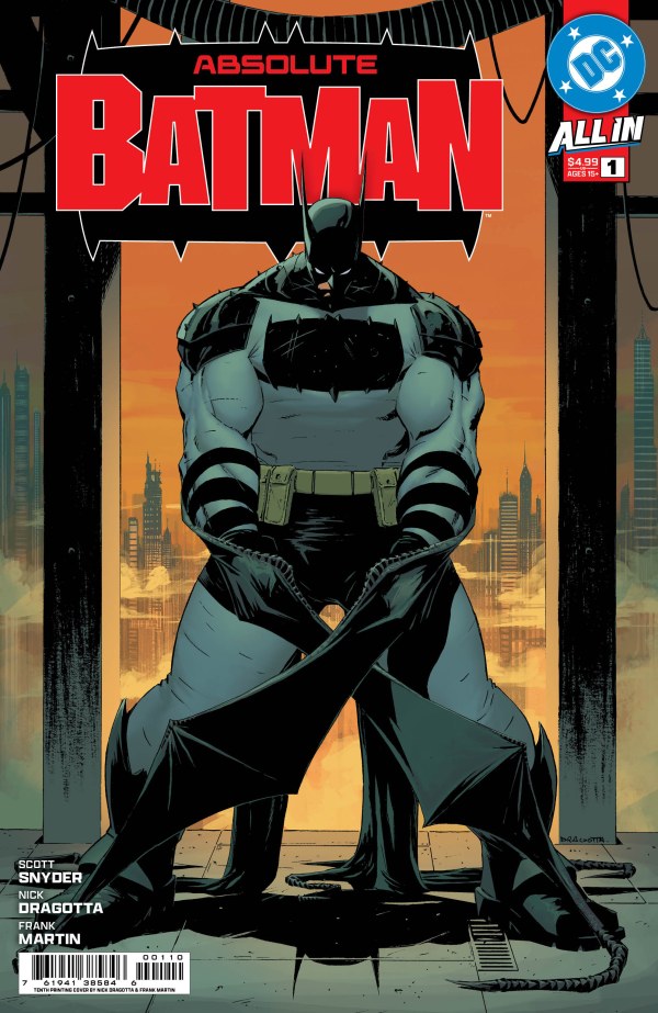 DC COMICS ABSOLUTE BATMAN #1 - 10TH PRINTING
Comic book cover of 'Absolute Batman' with a superhero in a dynamic pose against an urban background.