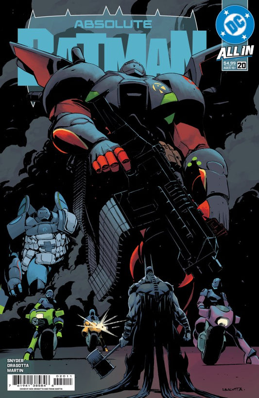 DC COMICS ABSOLUTE BATMAN #20
Comic book cover featuring a robot-like figure with bat-like features, surrounded by smaller robots and vehicles.