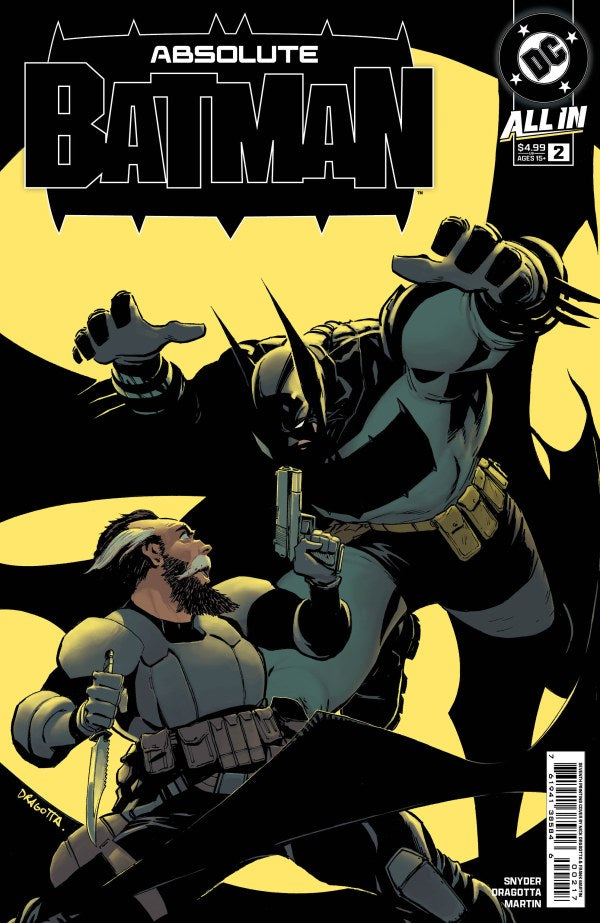 DC COMICS ABSOLUTE BATMAN #2 - 7TH PTG
Comic book cover featuring Batman and a bearded man with a gun on a yellow and black background.