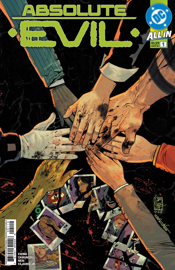 DC COMICS ABSOLUTE EVIL #1 - 2ND PRINTING
Comic book cover of 'Absolute Evil' with multiple hands and photos on a dark background.