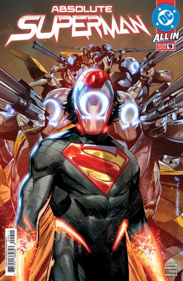 Comic book cover featuring a superhero in a dynamic pose with 'Absolute Superman #9' title.