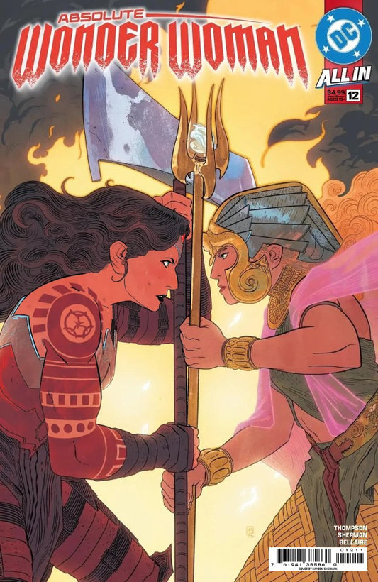 DC COMICS ABSOLUTE WONDER WOMAN #12
Comic book cover featuring two characters facing each other with a spear, titled 'Absolute Wonder Woman'.