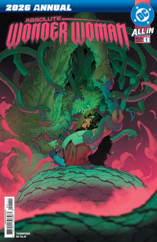DC COMICS ABSOLUTE WONDER WOMAN 2026 ANNUAL #1
Comic book cover featuring 'Absolute Wonder Woman' with a green creature and pink background.
