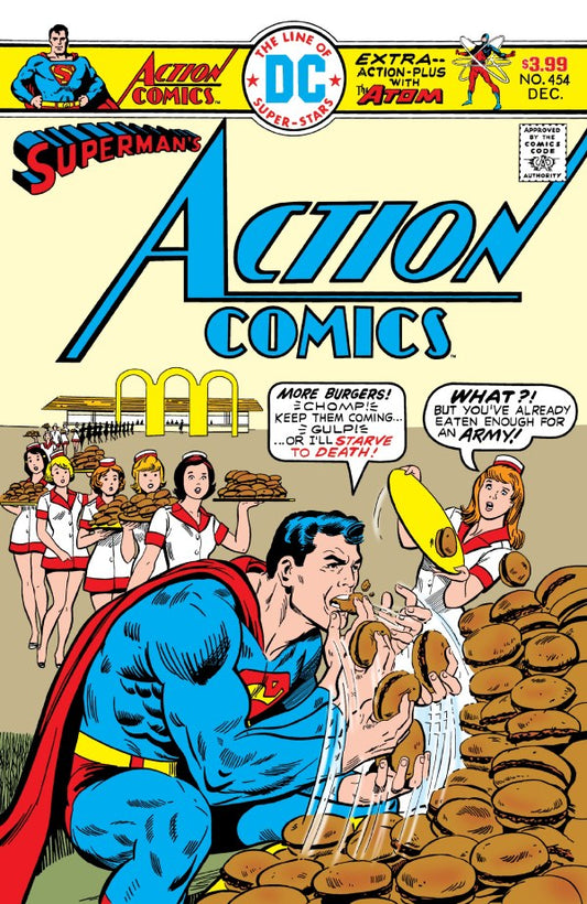DC COMICS ACTION COMICS #454 FACSIMIILE EDITION 2026
Comic book cover of Superman eating hamburgers with McDonald's logo and characters.