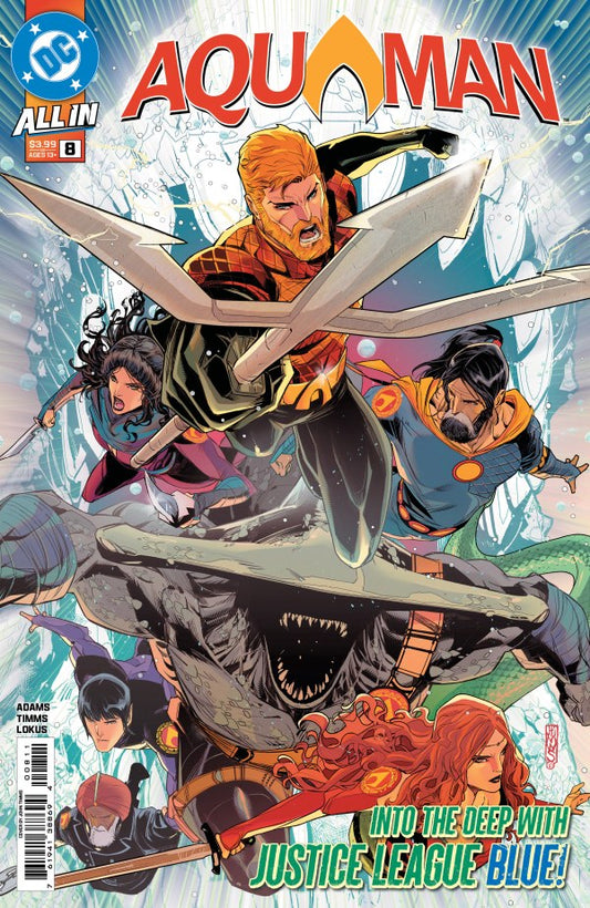 DC COMICS AQUAMAN #8
Comic book cover featuring Aquaman and Justice League Blue with a shark and icy background.