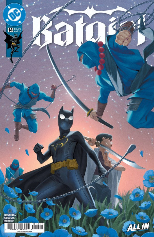 DC COMICS BATGIRL #14
Comic book cover featuring Batman in a dynamic pose with blue characters and flowers.