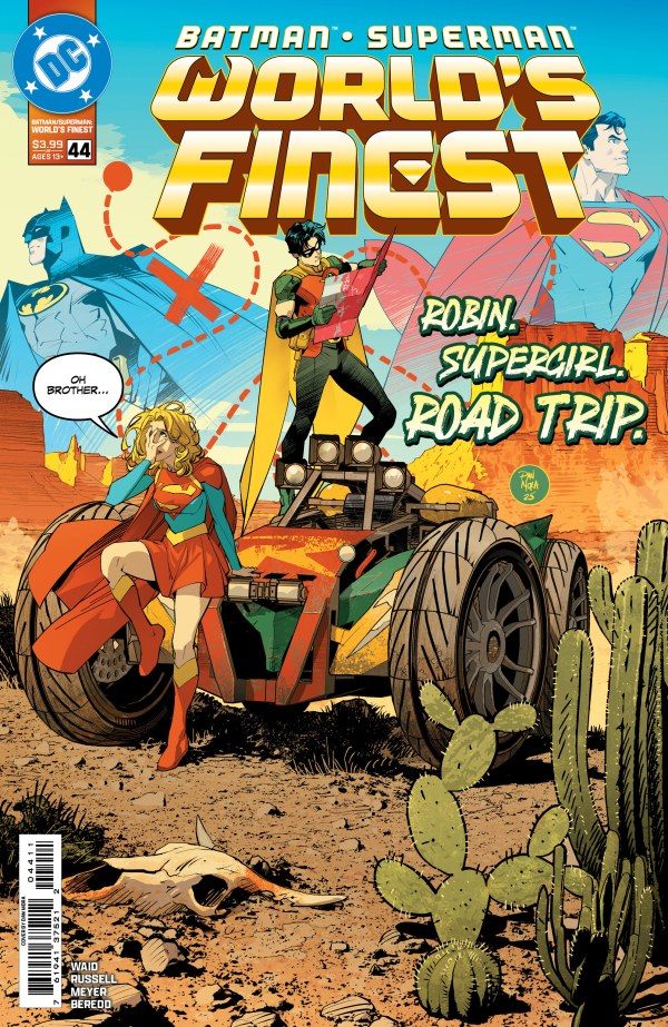 DC COMICS BATMAN SUPERMAN WORLDS FINEST #44
Comic book cover featuring Batman, Robin, and Supergirl in a desert setting with cacti.