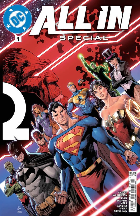 DC COMICS DC ALL IN SPECIAL #1
Cover of DC All In Special #1 featuring various superhero characters from the DC Universe, with a predominantly red and blue color scheme and a 'Q' symbol in the background.