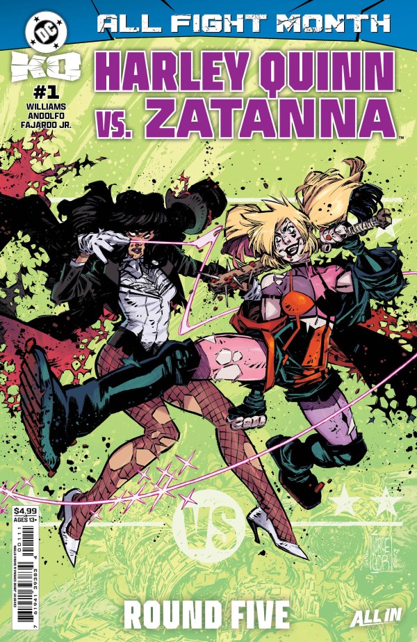 DC COMICS DC K.O.: HARLEY QUINN VS. ZATANNA #1
Comic book cover featuring Harley Quinn and Zatanna in a fight scene with colorful splashes.