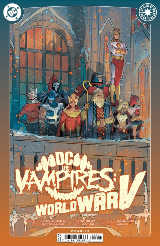 Comic book cover featuring superhero characters in a snowy setting with 'DC vs VAMPIRES: WORLD WAR V' text.