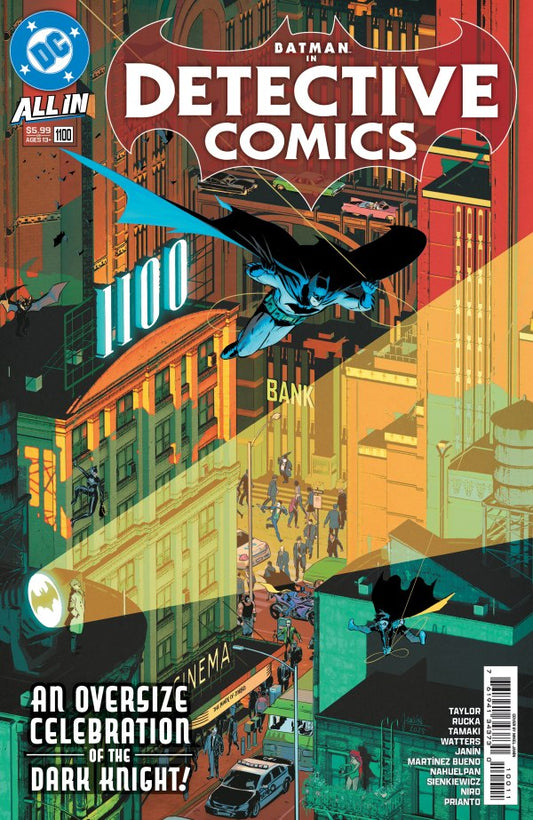 DC COMICS DETECTIVE COMICS #1100
Comic book cover of Detective Comics featuring Batman flying over a cityscape.