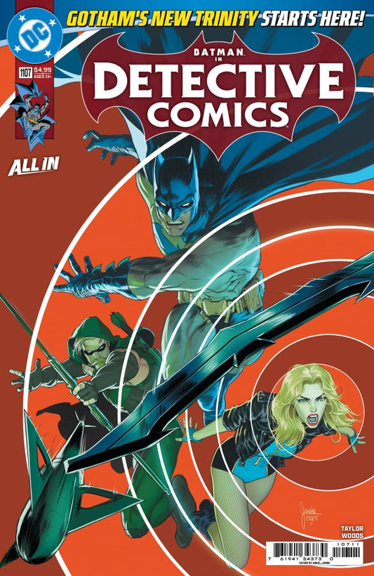 DC COMICS DETECTIVE COMICS #1107
Comic book cover of Detective Comics featuring Batman, Robin, and Batgirl on an orange background.