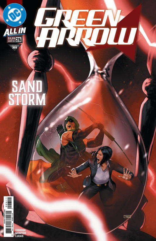 Comic book cover of 'Green Arrow' with characters inside an hourglass