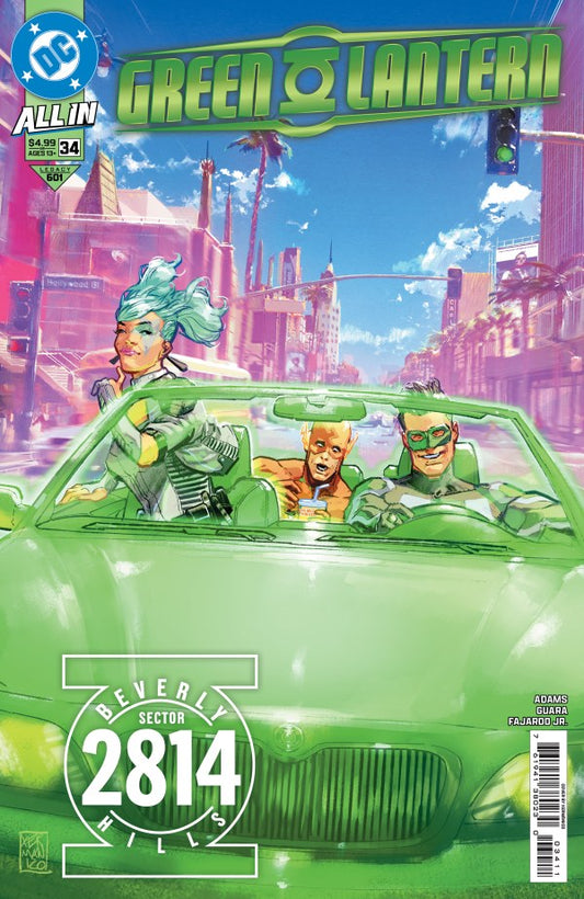 DC COMICS GREEN LANTERN #34
Comic book cover featuring characters in a green car with a futuristic cityscape background.