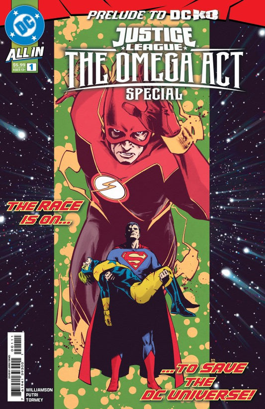 DC COMICS JUSTICE LEAGUE THE OMEGA ACT SPECIAL #1
Comic book cover featuring superhero characters with a space-themed background