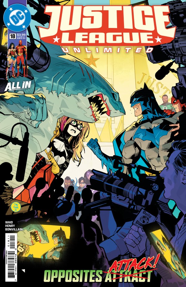 DC COMICS JUSTICE LEAGUE UNLIMITED #18
Comic book cover of 'Justice League Unlimited' featuring superhero characters and a shark.