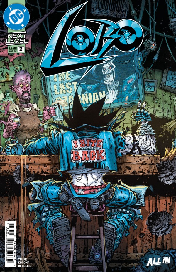 DC COMICS LOBO #2
Comic book cover featuring Lobo sitting at a bar with his back turned and a jacket that says "I bite back".